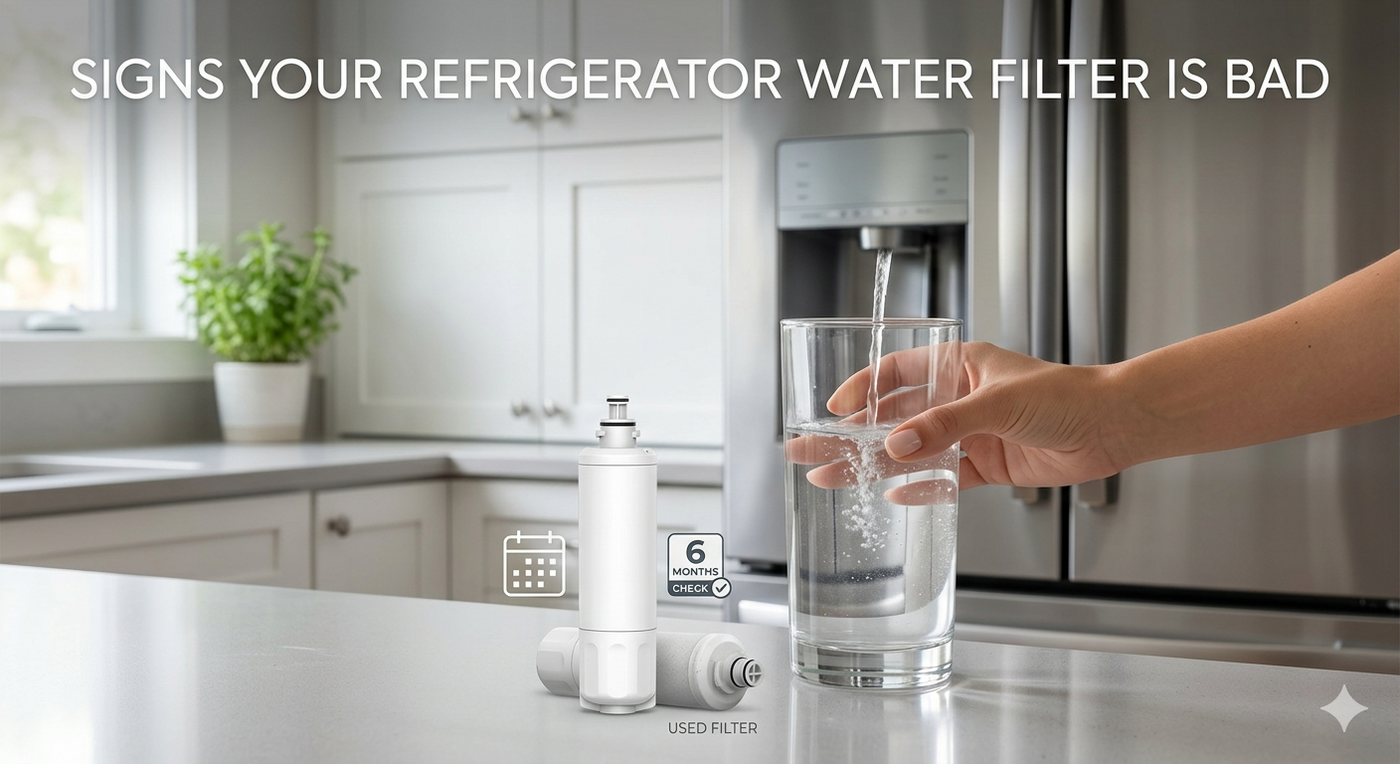 A clean lifestyle photo in a modern kitchen showing a hand filling a glass with water from a refrigerator dispenser, with a new filter cartridge and a used filter side-by-side on the counter, and the blog title prominent.