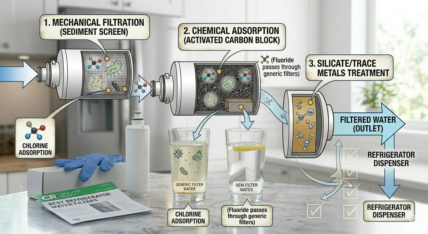 An infographic diagram illustrating the three-step process of refrigerator water filtration: mechanical filtration, chemical adsorption with activated carbon, and trace metals treatment.