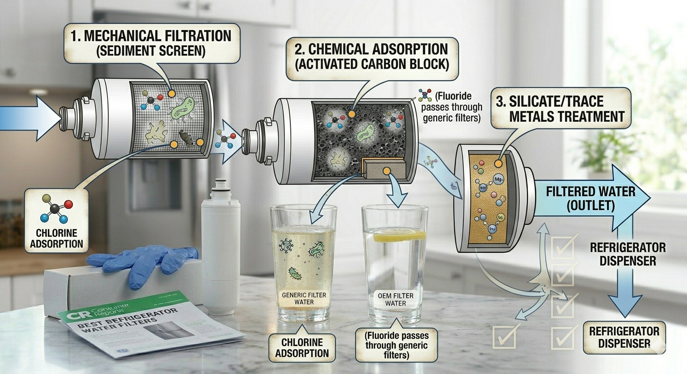 An infographic diagram illustrating the three-step process of refrigerator water filtration: mechanical filtration, chemical adsorption with activated carbon, and trace metals treatment.