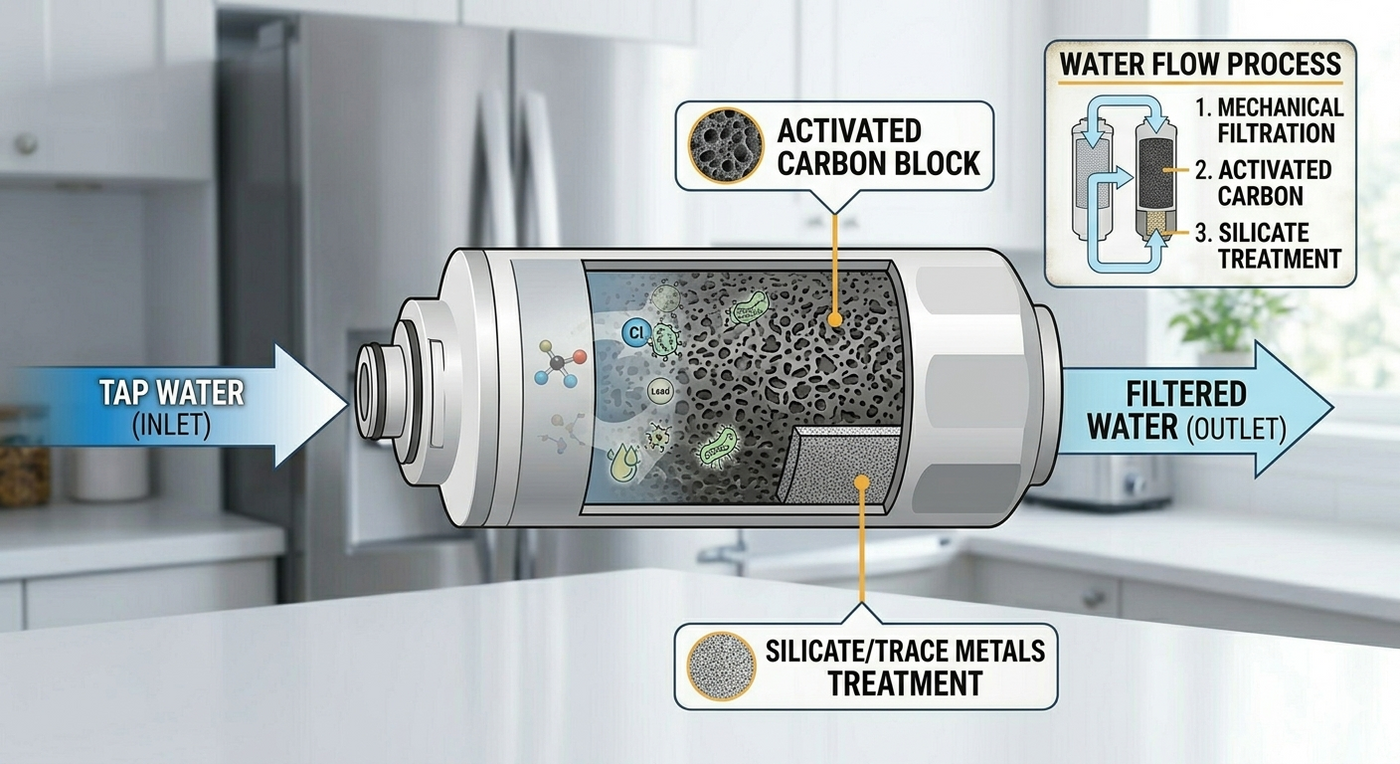 Three common types of refrigerator water filters including push-in, twist-in, and inline models displayed on a kitchen counter.
