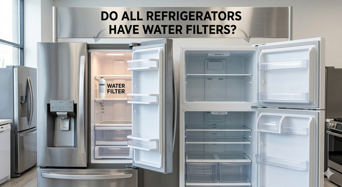A professional photograph in a modern showroom compares a side-by-side refrigerator, which has an internal water filter, against a simple top-freezer model without one, all beneath a large title sign asking 'DO ALL REFRIGERATORS HAVE WATER FILTERS?'