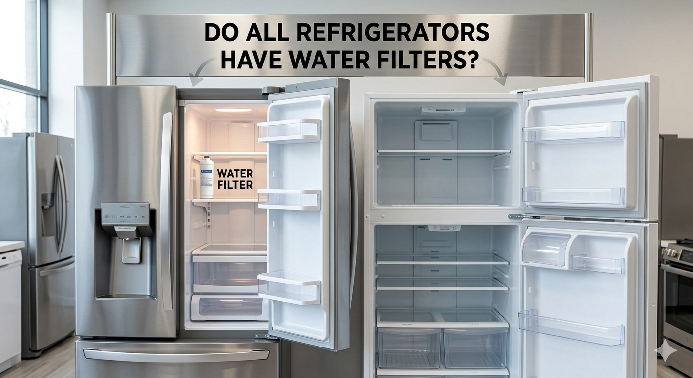 A professional photograph in a modern showroom compares a side-by-side refrigerator, which has an internal water filter, against a simple top-freezer model without one, all beneath a large title sign asking 'DO ALL REFRIGERATORS HAVE WATER FILTERS?'