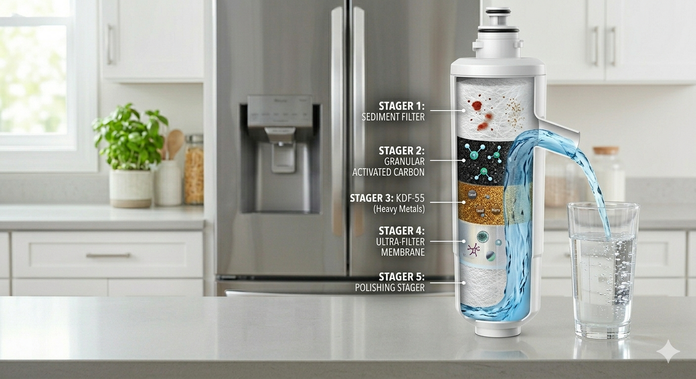 Explaining the 5 filtration stages inside a generic refrigerator water filter.