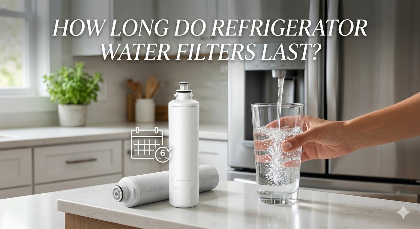 A clean lifestyle photo in a modern kitchen showing a hand filling a glass with sparkling fresh water from a refrigerator dispenser, with a new filter cartridge and a used filter side-by-side on the counter, and the blog title visible.