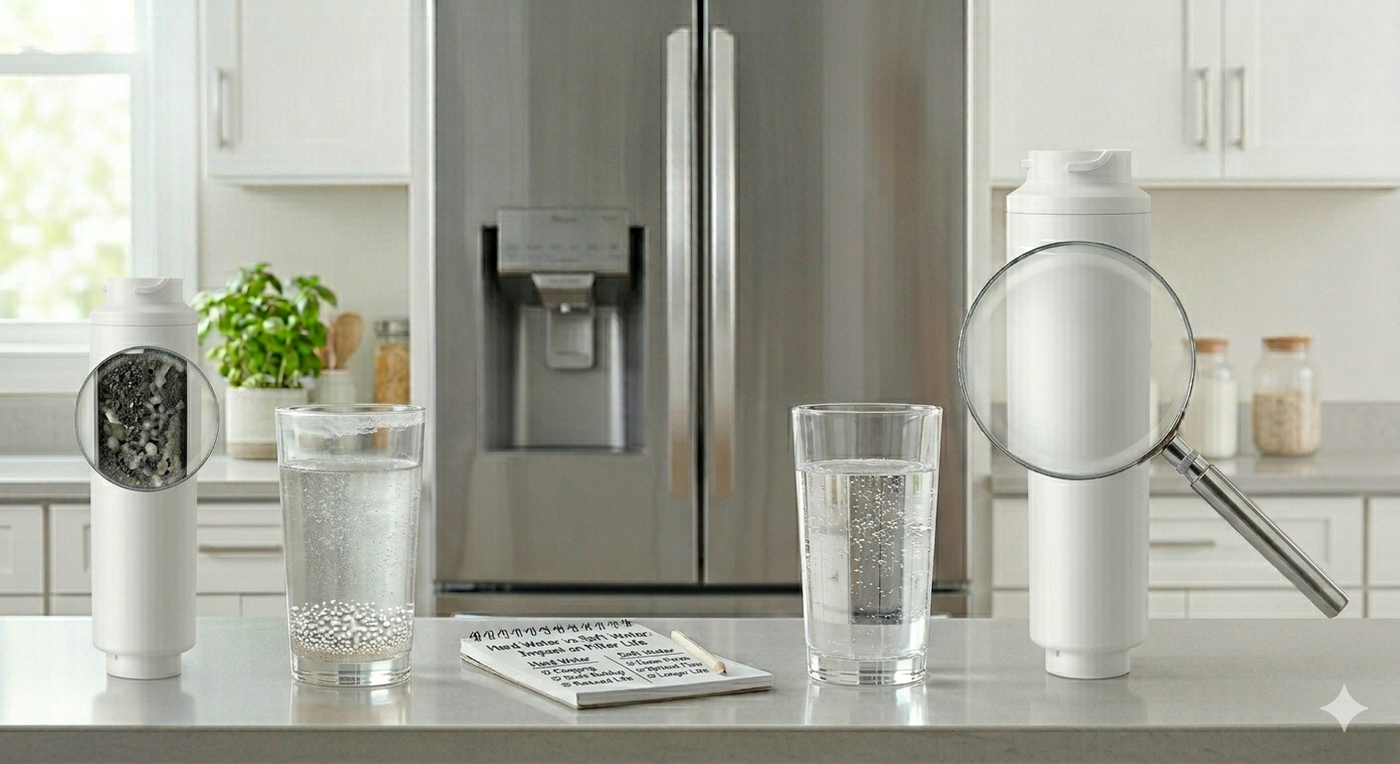 Concept comparing hard water versus soft water and the impact on refrigerator water filters.