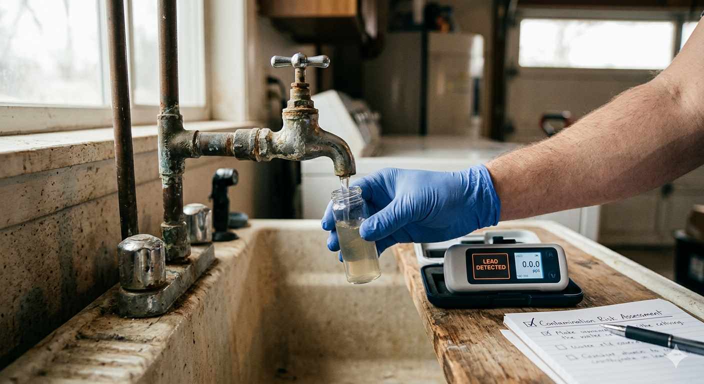 A gloved hand collecting a water sample from an old kitchen faucet for a lead contamination test.