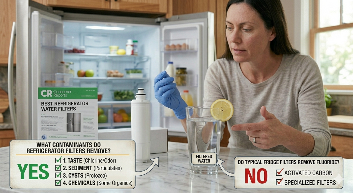 A high-quality photo of a clean refrigerator water filter next to a glass of crystal clear water with the title "What Contaminants Do Refrigerator Filters Remove?".