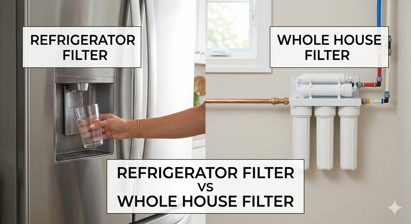 A split-screen comparison showing a hand filling a glass from a refrigerator dispenser on the left and a professional whole-house water filtration system installed on a wall on the right.