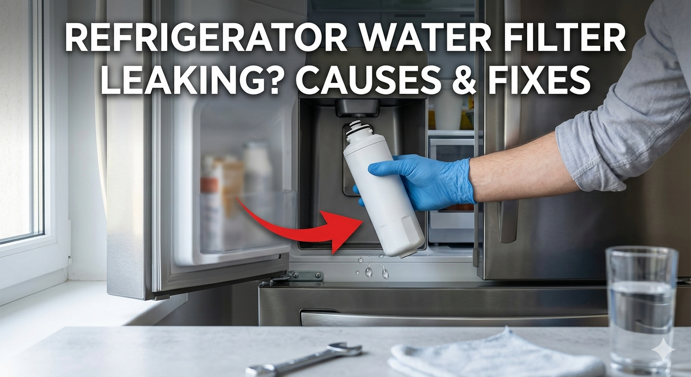 A close-up view of a hand replacing a leaking refrigerator water filter.