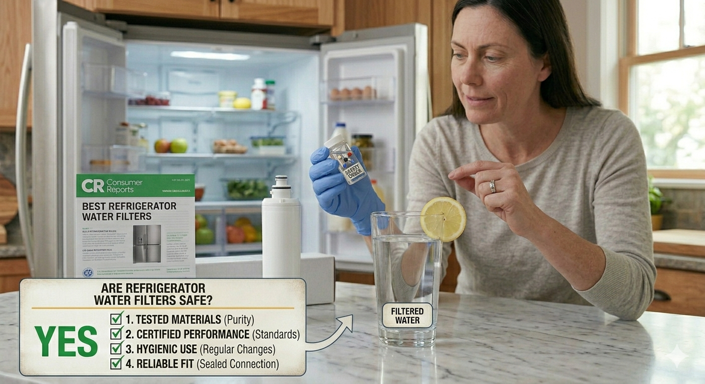 A high-quality photo of a clean refrigerator water filter resting on a marble counter next to a glass of fresh water with the title "Are Refrigerator Water Filters Safe?".