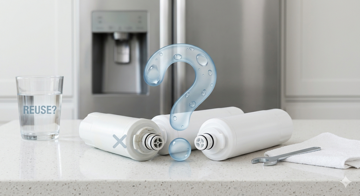 Three refrigerator water filters on a kitchen counter with a glass of water and a large question mark graphic.