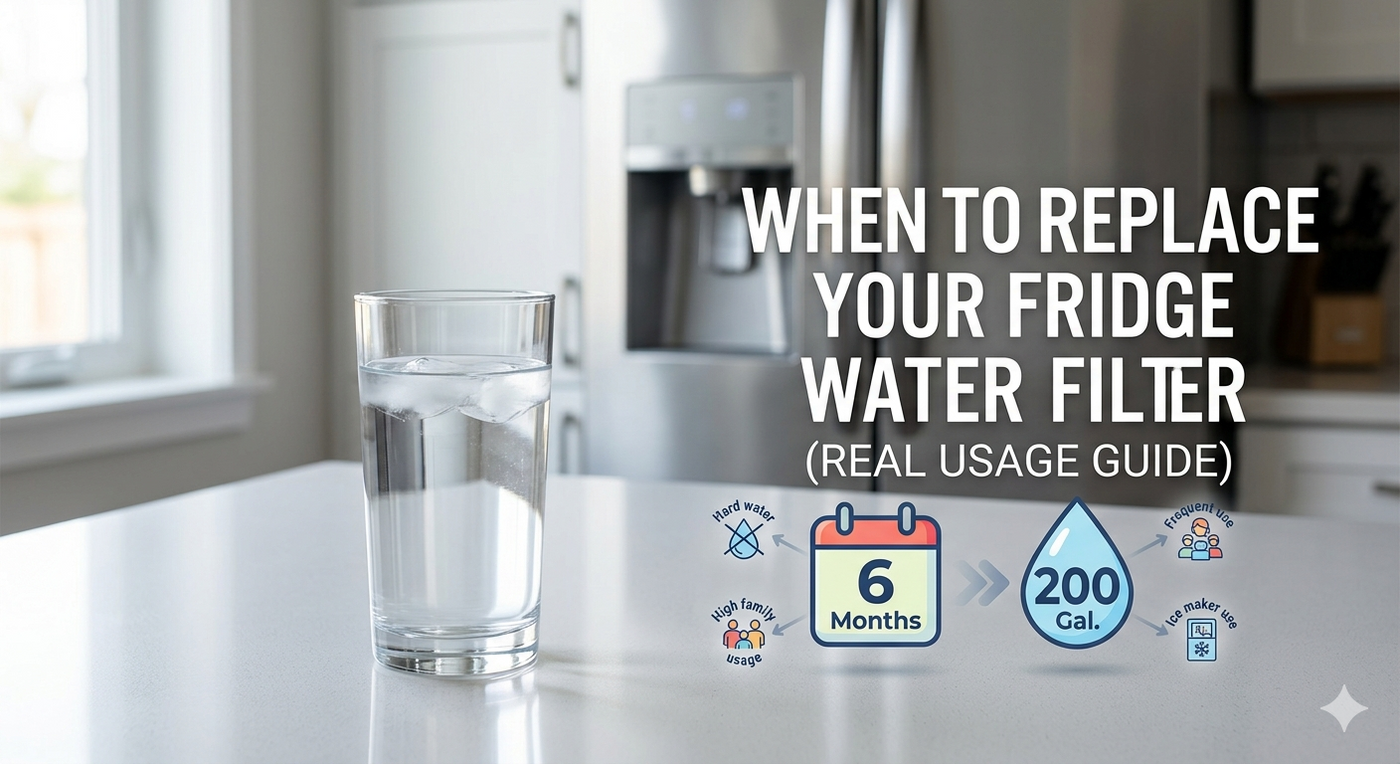 A glass of ice water next to a chart showing the 6-month or 200-gallon filter replacement guide.