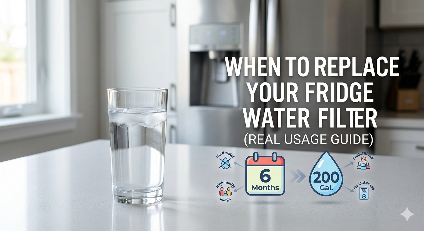 A glass of ice water next to a chart showing the 6-month or 200-gallon filter replacement guide.