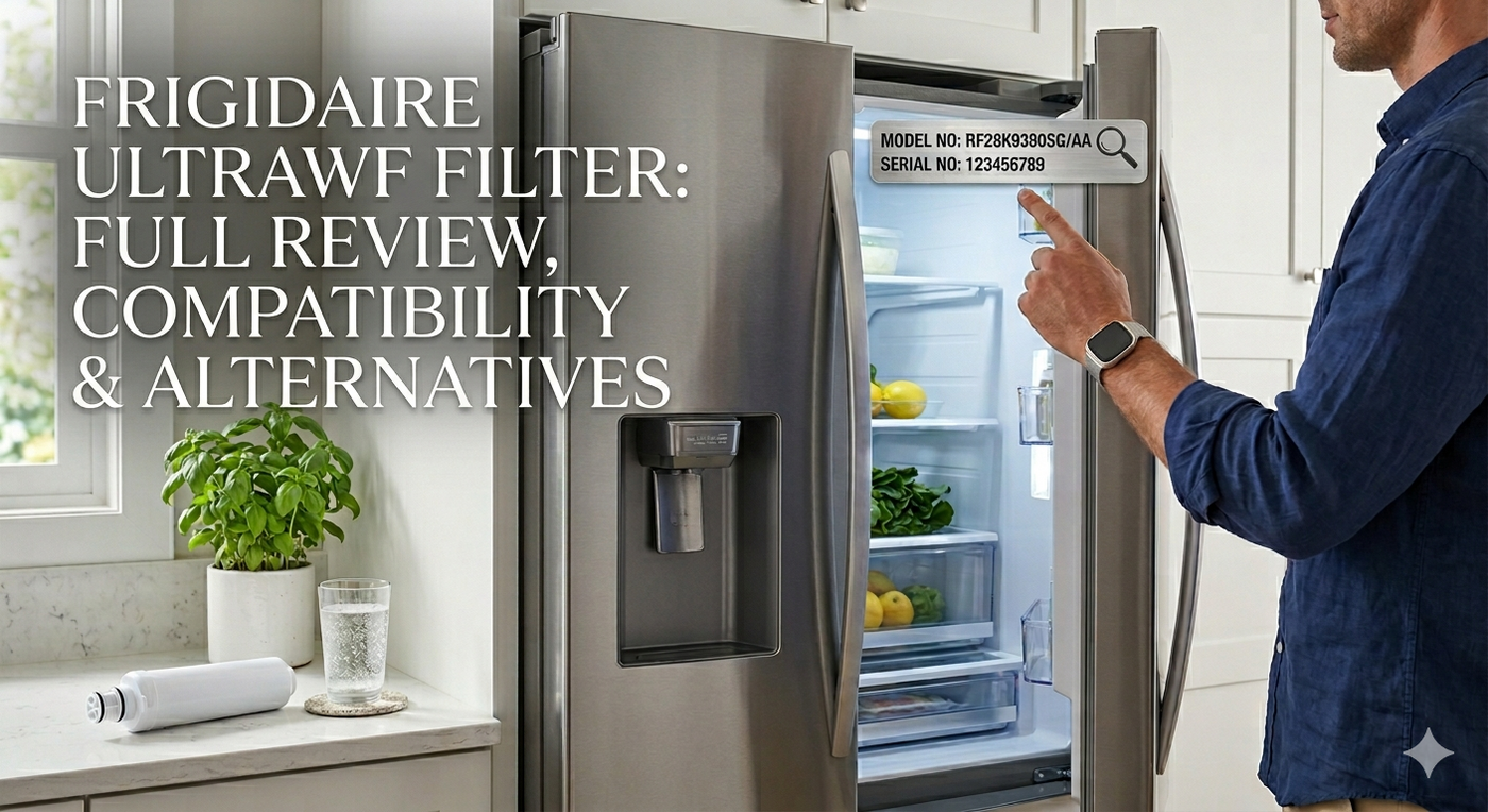 Pointing to a generic refrigerator model number ceiling label for a Frigidaire ULTRAWF filter guide.