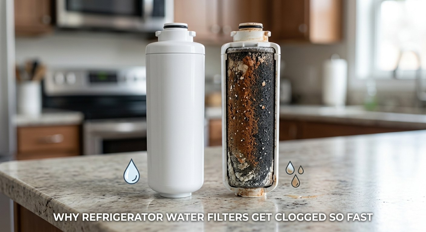 A comparison of a clean white refrigerator water filter next to a cutaway showing a heavily clogged, dirty filter core.