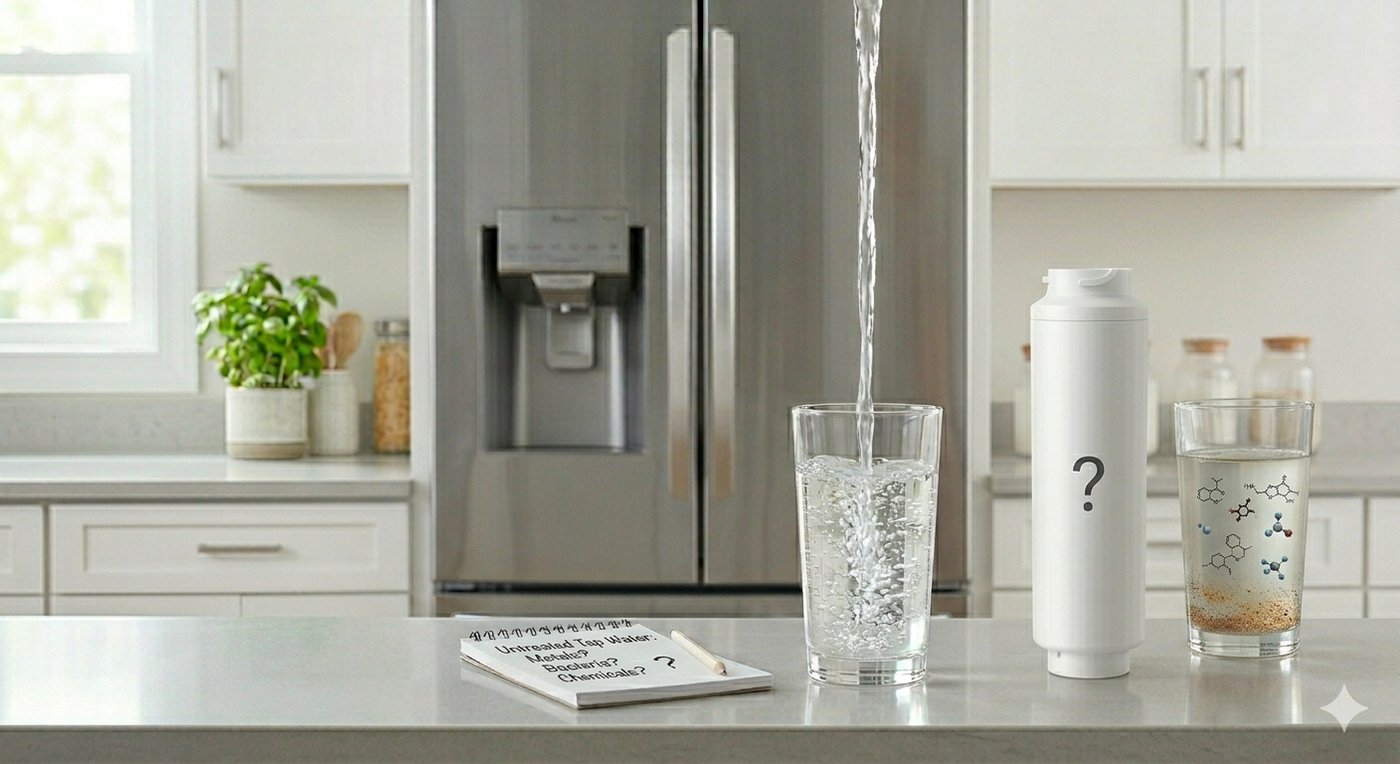 Concept comparing safety of drinking tap water versus filtered water in the home.