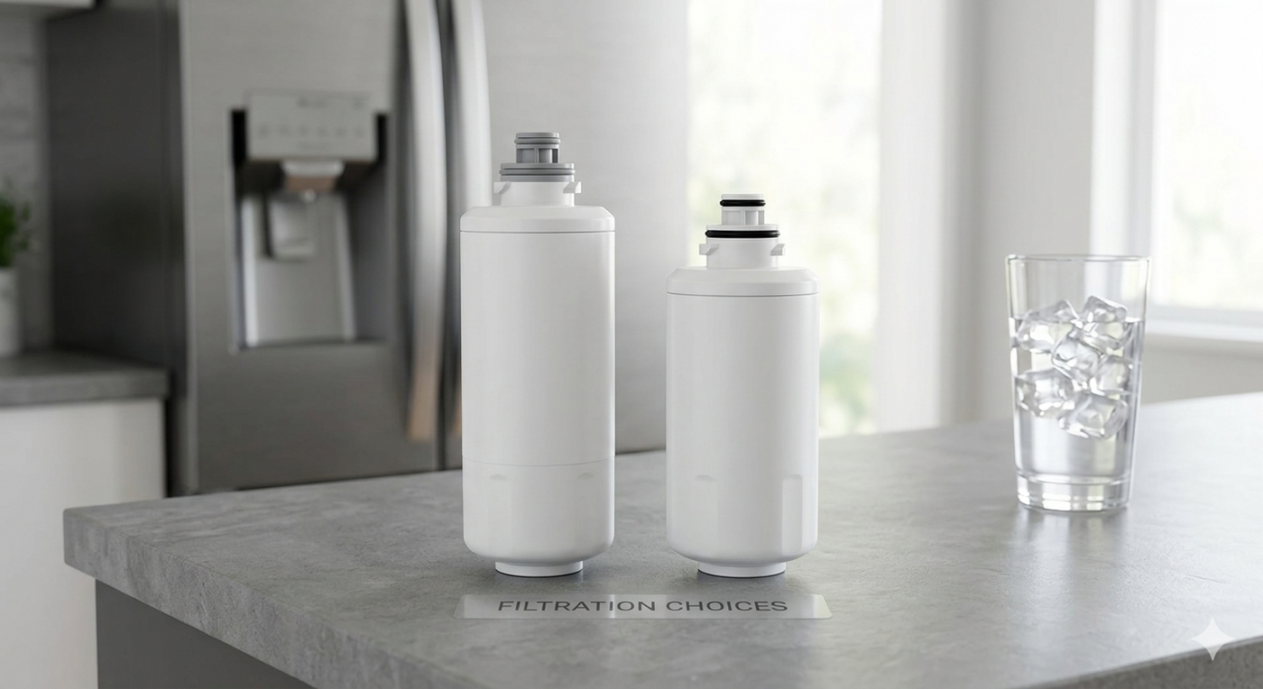 Side-by-side comparison of two unbranded white refrigerator water filters and a glass of ice water on a kitchen counter.