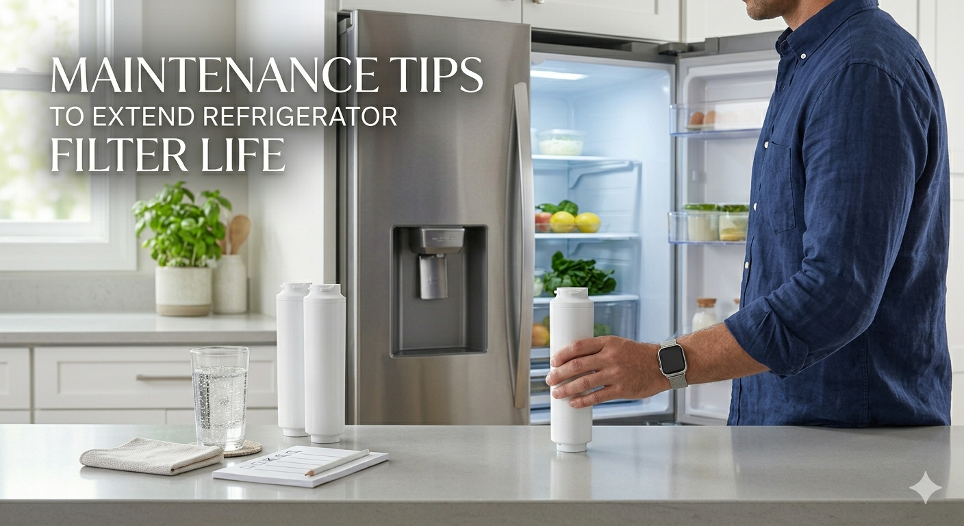 Installing a replacement water filter in a modern refrigerator.