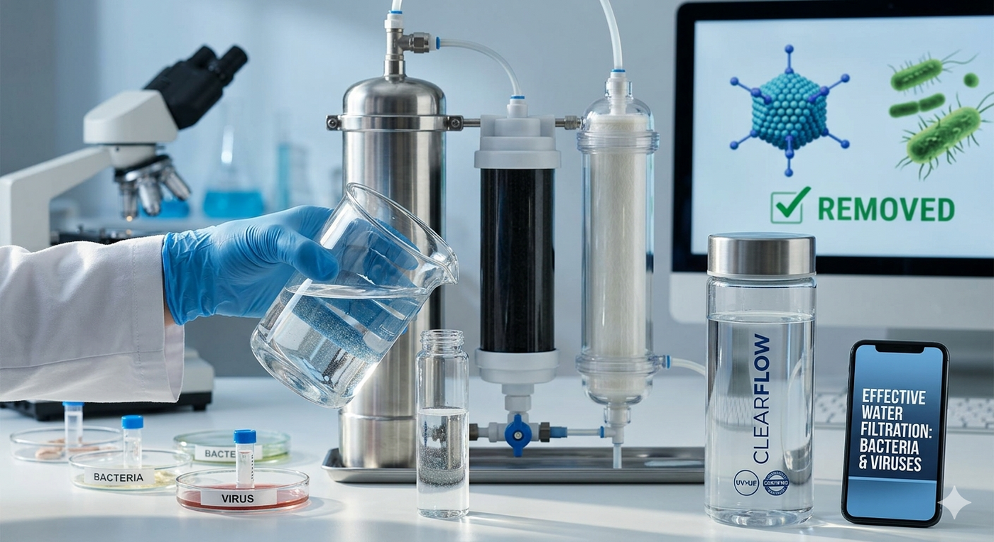 A scientific diagram and laboratory setup illustrating effective water filtration to remove bacteria and viruses.