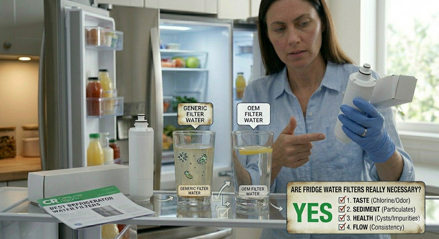 A professional product photo of a clean refrigerator water filter and a glass of fresh water with the title "Are Refrigerator Water Filters Really Necessary?"