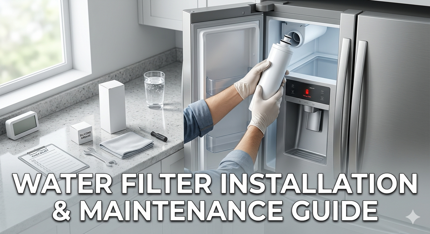 A person installing a new water filter into a stainless steel refrigerator with a maintenance guide nearby.