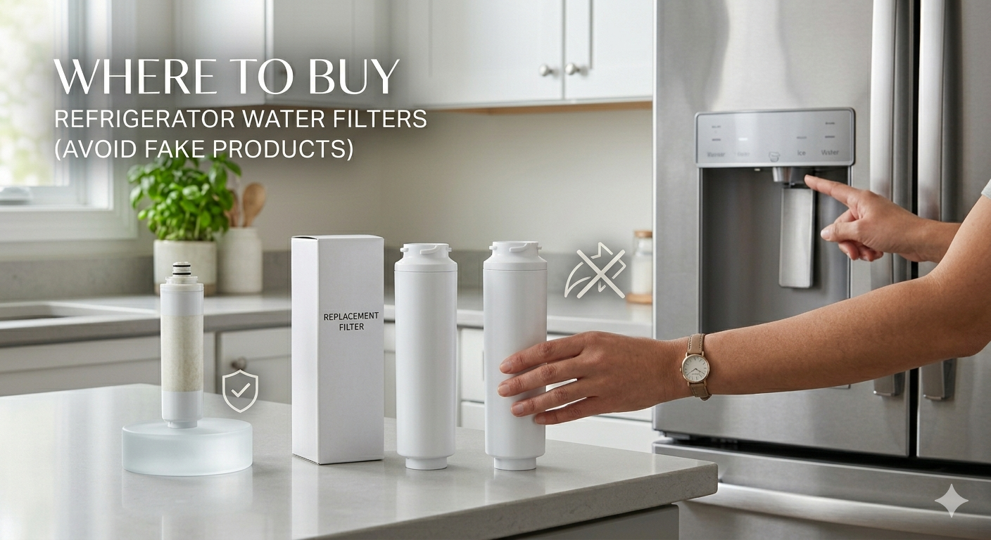 Comparing genuine and fake fridge filters in a modern kitchen setting.