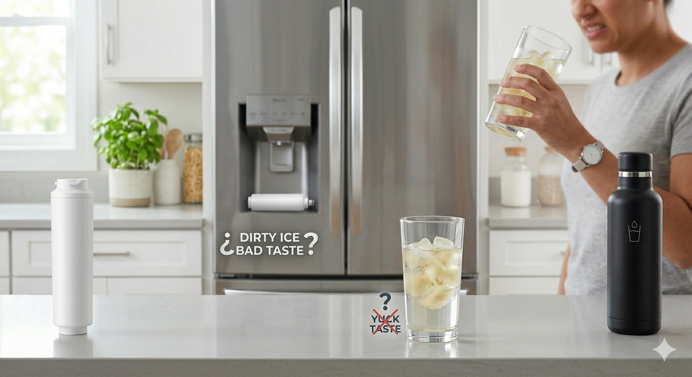 Comparing a glass of clear ice water to a bottle near a modern stainless steel refrigerator.