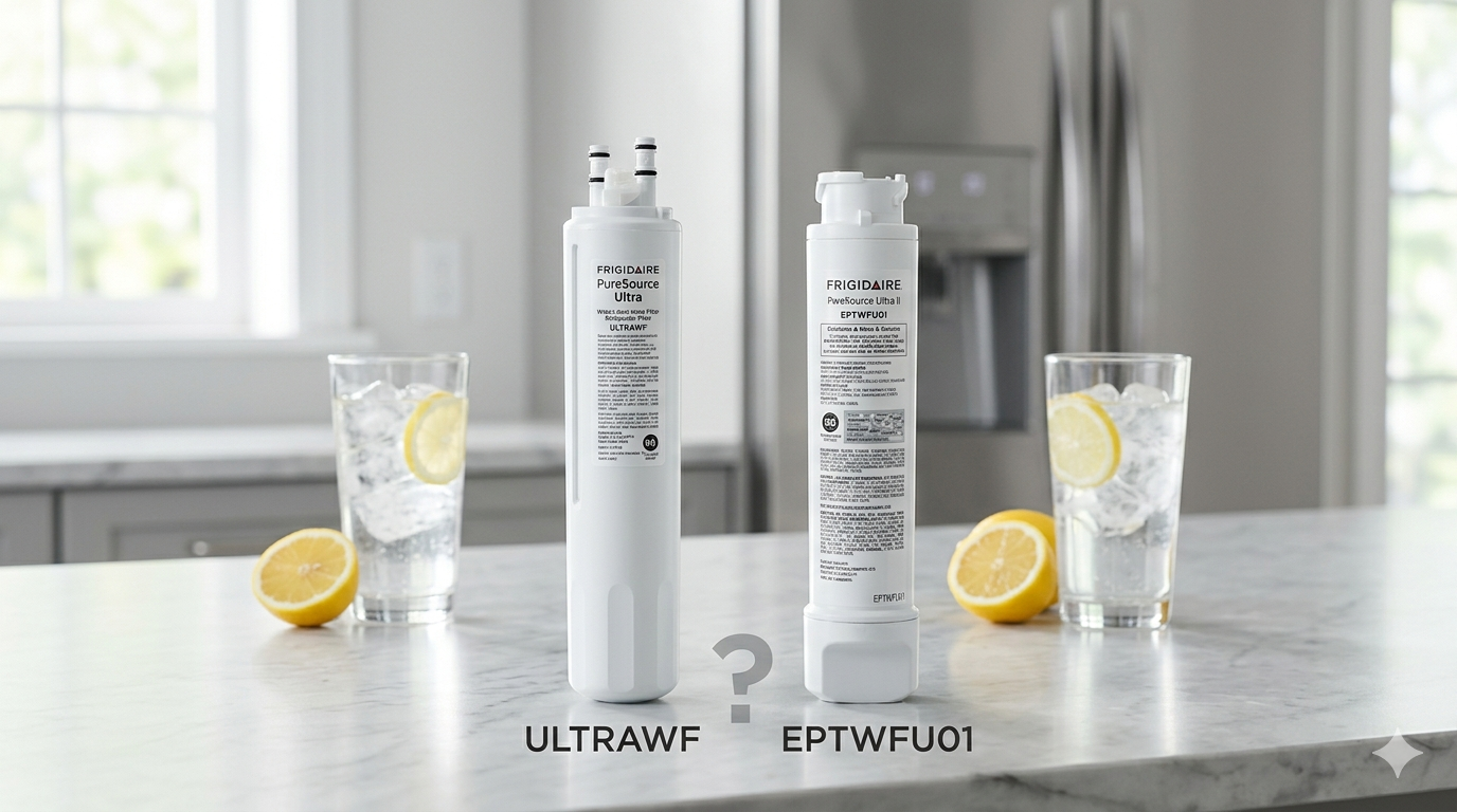 A side-by-side comparison of the Frigidaire ULTRAWF and EPTWFU01 refrigerator water filters on a kitchen counter with a glass of ice water.