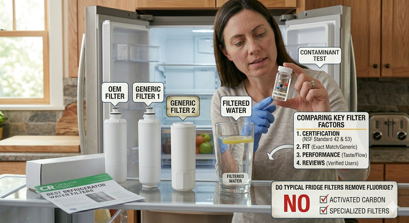 A detailed guide to refrigerator water filters showing a comparison of OEM and generic filters alongside certification and performance factors.