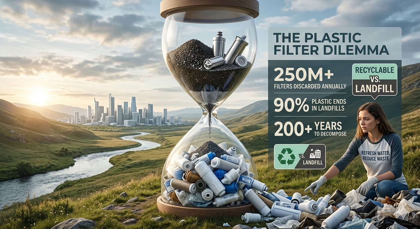 A large hourglass shows a city and river above, and a pile of plastic water filters below, illustrating the accumulation of filter waste over time in a landscape.