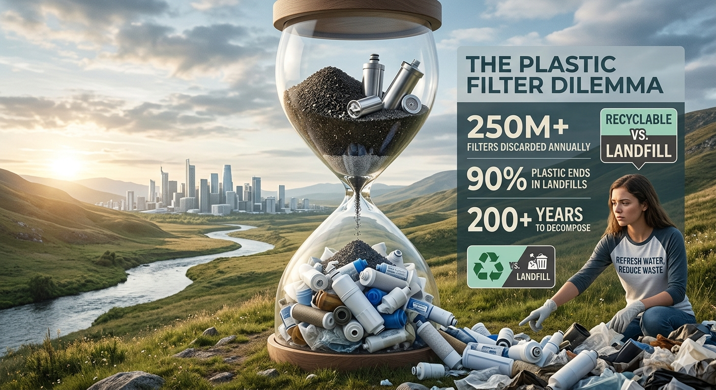 A large hourglass shows a city and river above, and a pile of plastic water filters below, illustrating the accumulation of filter waste over time in a landscape.