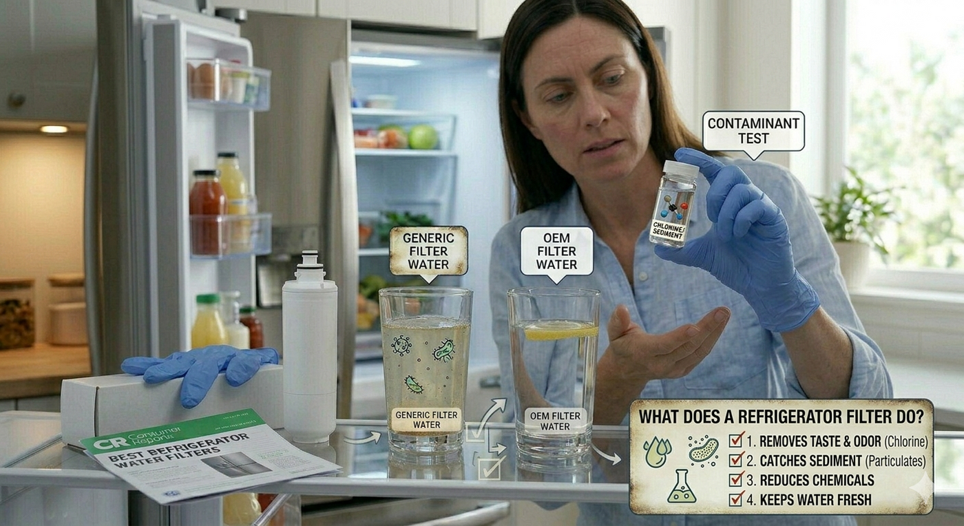 An interactive infographic and a Consumer Reports guide show how refrigerator water filters remove chlorine taste and sediment but leave other contaminants.