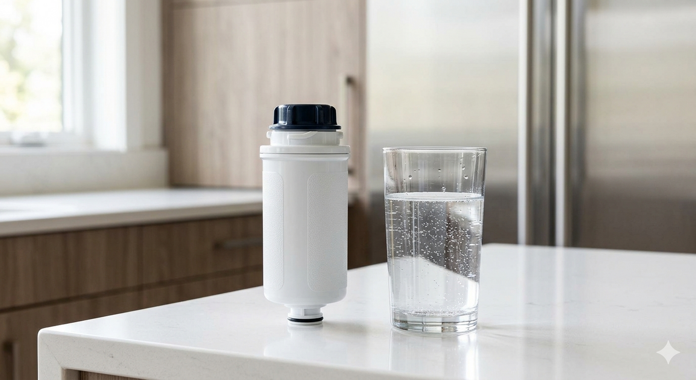 A premium refrigerator water filter and a glass of clear water on a modern kitchen counter.