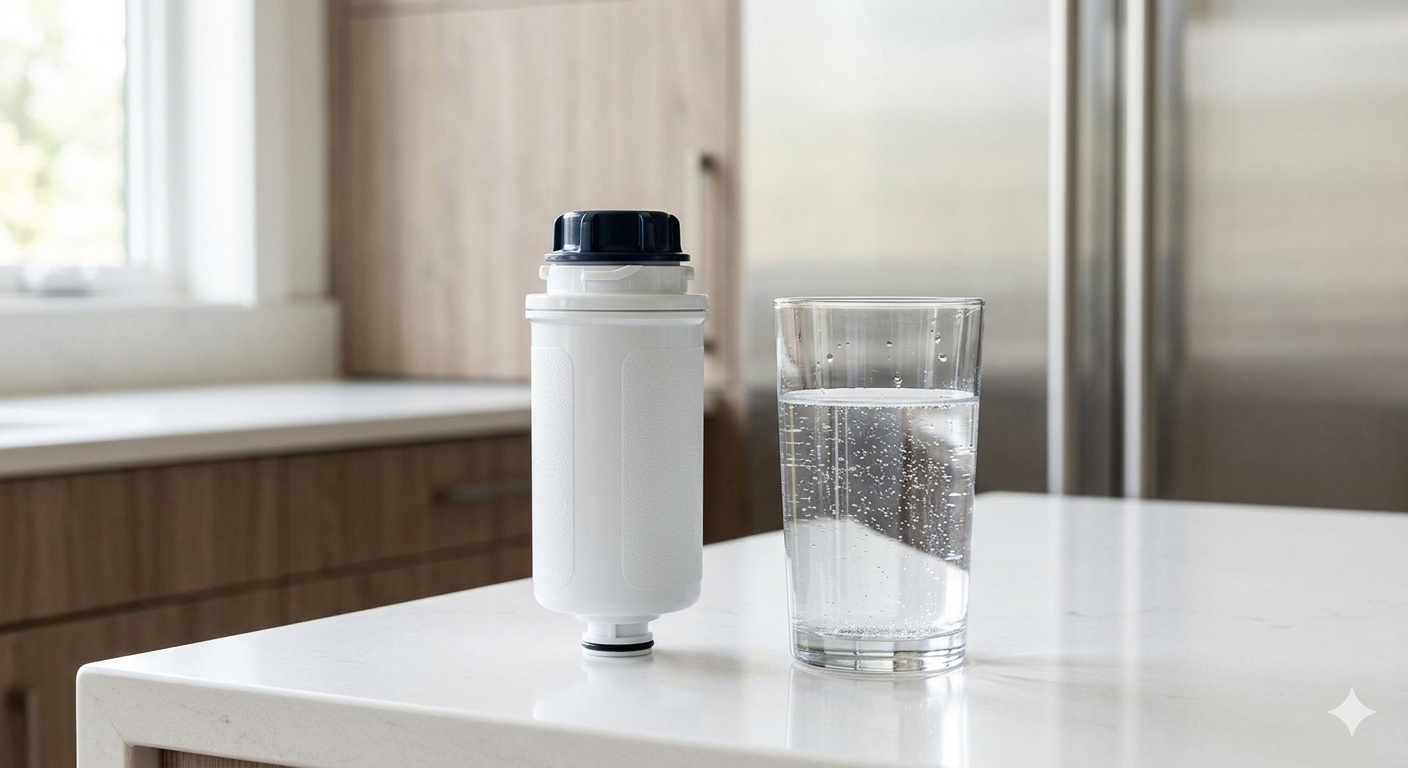 A premium refrigerator water filter and a glass of clear water on a modern kitchen counter.