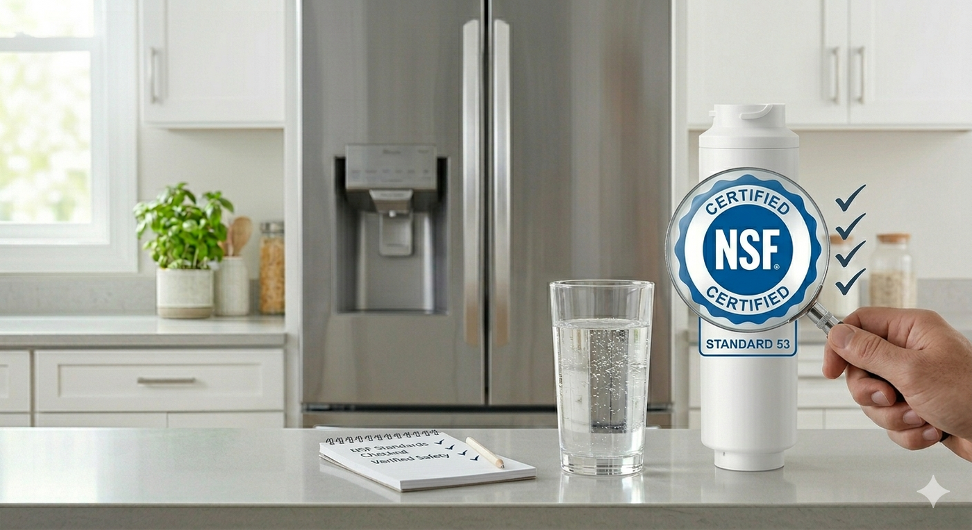 Checking NSF certification details on a verified water filter.