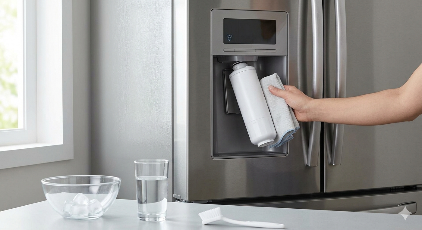 A close-up view of a hand wiping down a refrigerator water filter with a microfiber cloth.