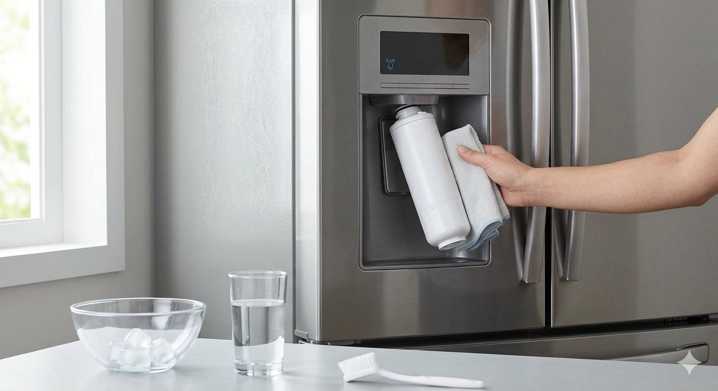A close-up view of a hand wiping down a refrigerator water filter with a microfiber cloth.