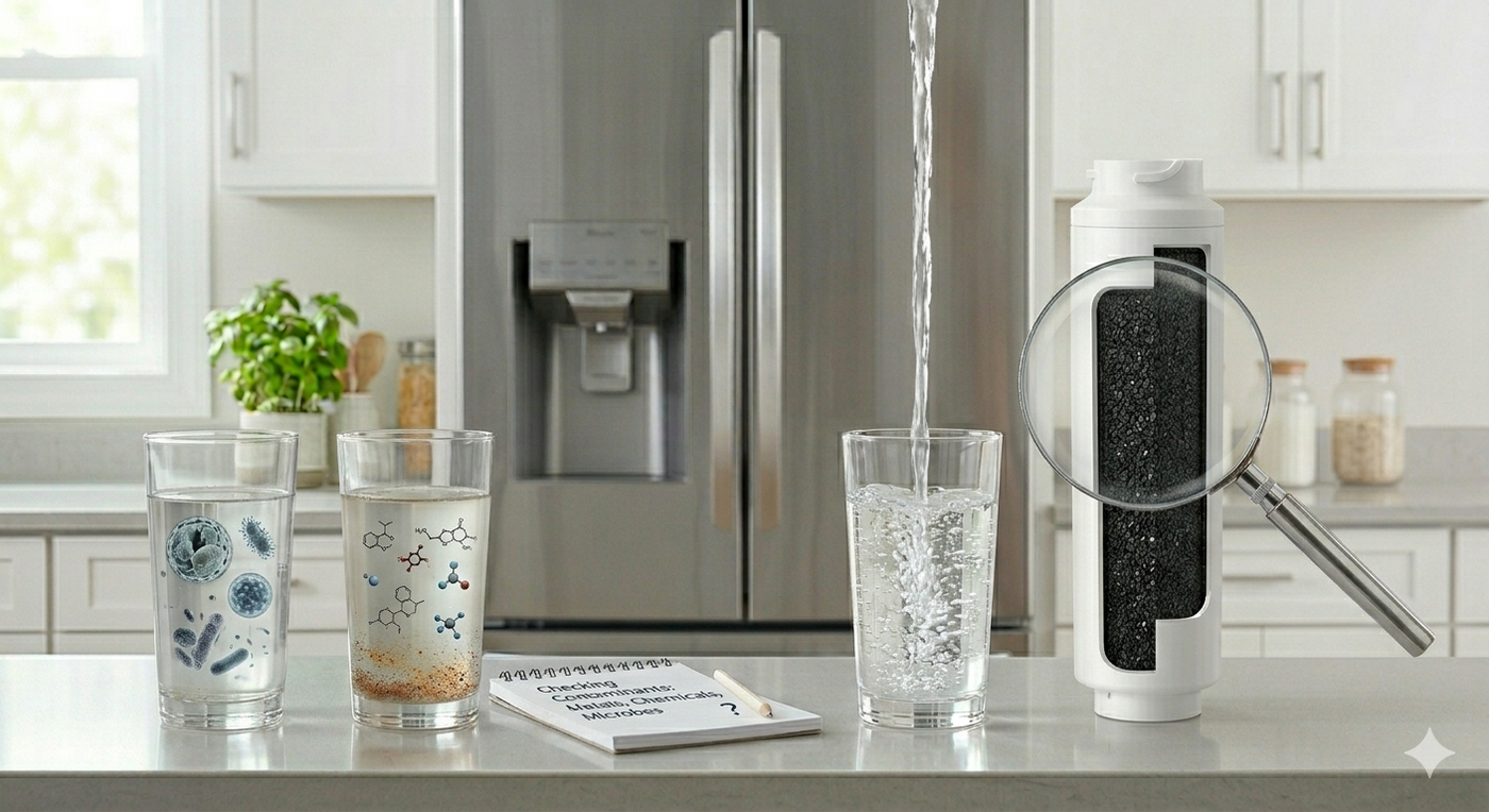 Concept comparing contaminated and clean drinking water found in the home.