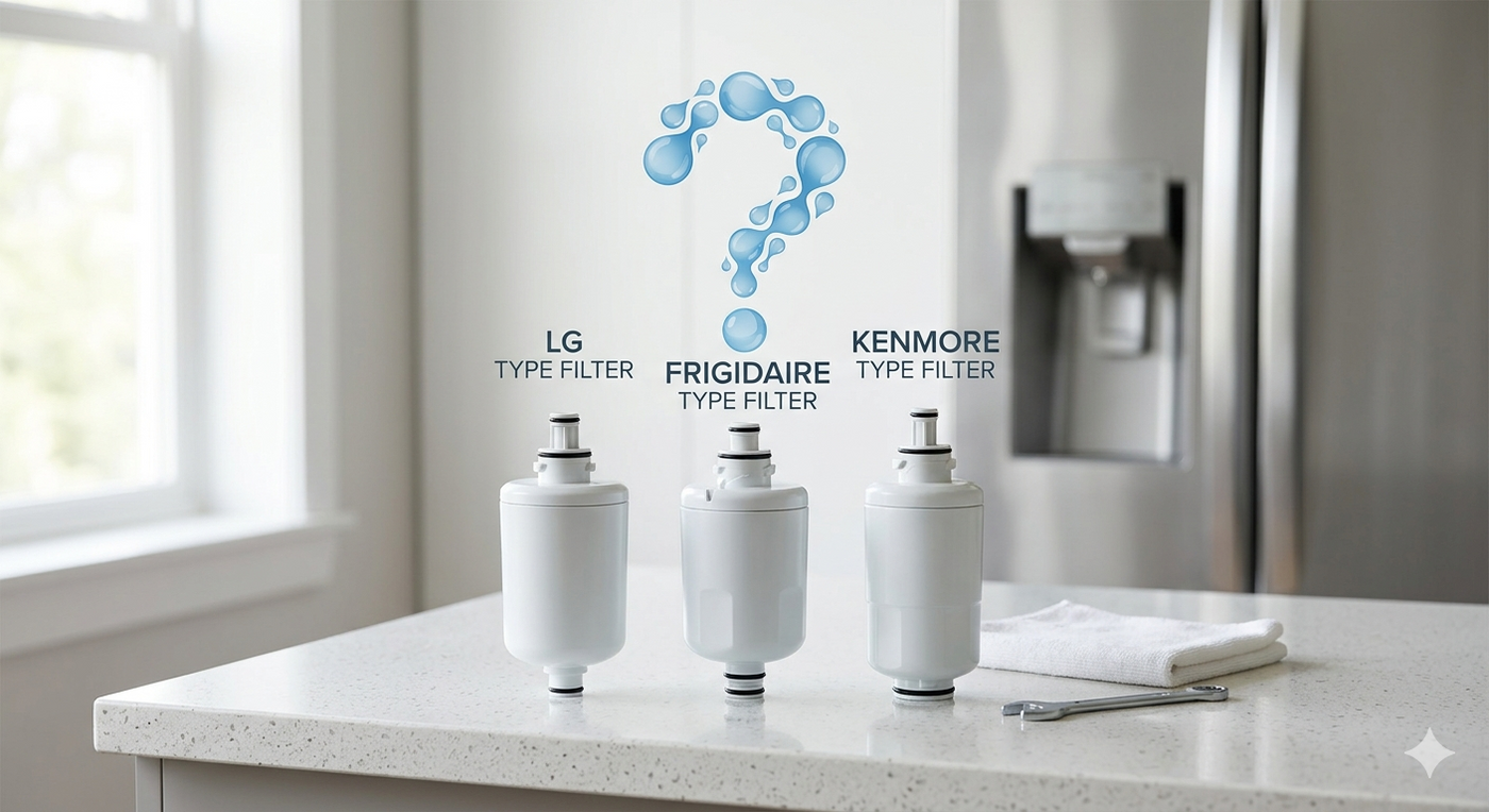 Three different refrigerator water filters standing on a kitchen counter with labels for LG, Frigidaire, and Kenmore.