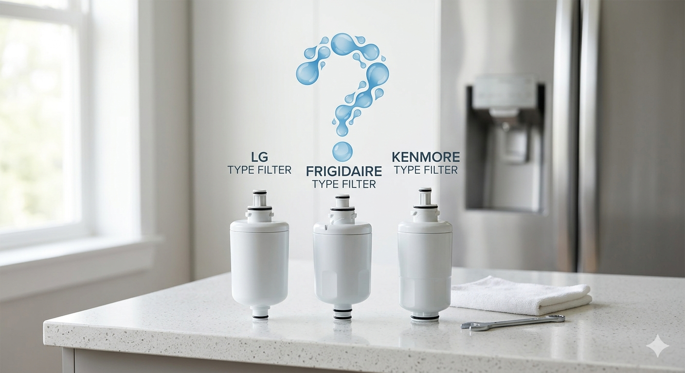 Three different refrigerator water filters standing on a kitchen counter with labels for LG, Frigidaire, and Kenmore.