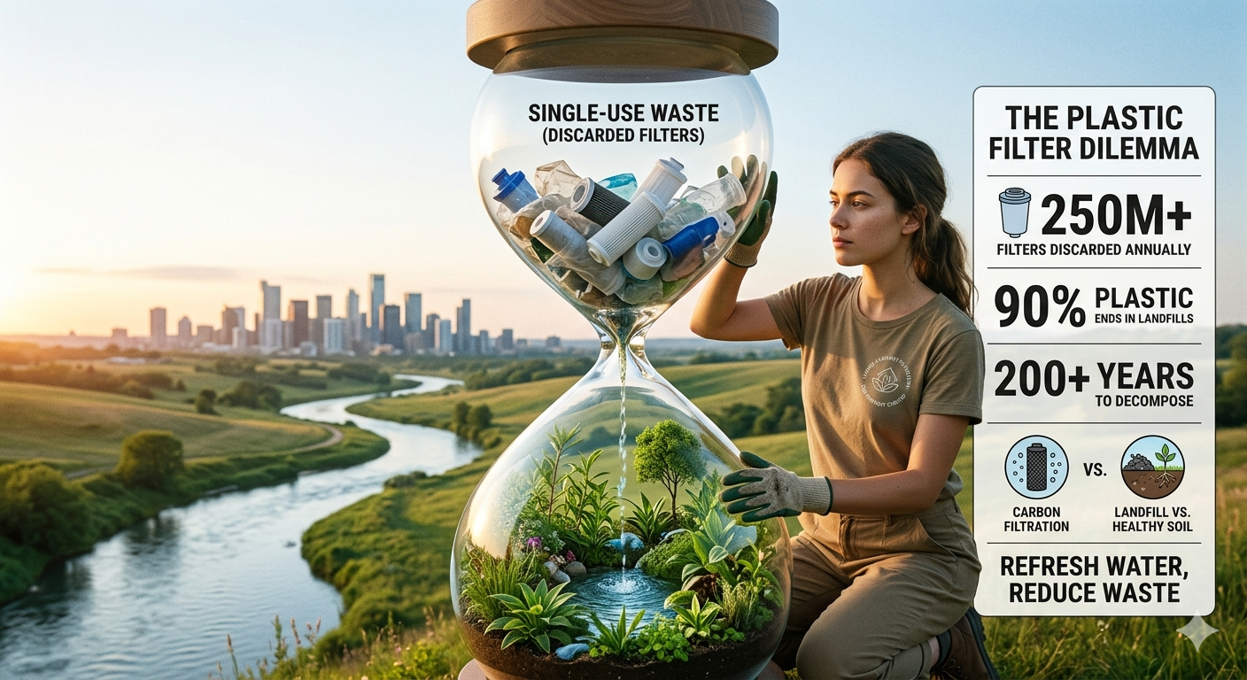 A visual infographic inside an hourglass showing discarded filters in the top half and a thriving green ecosystem in the bottom half.