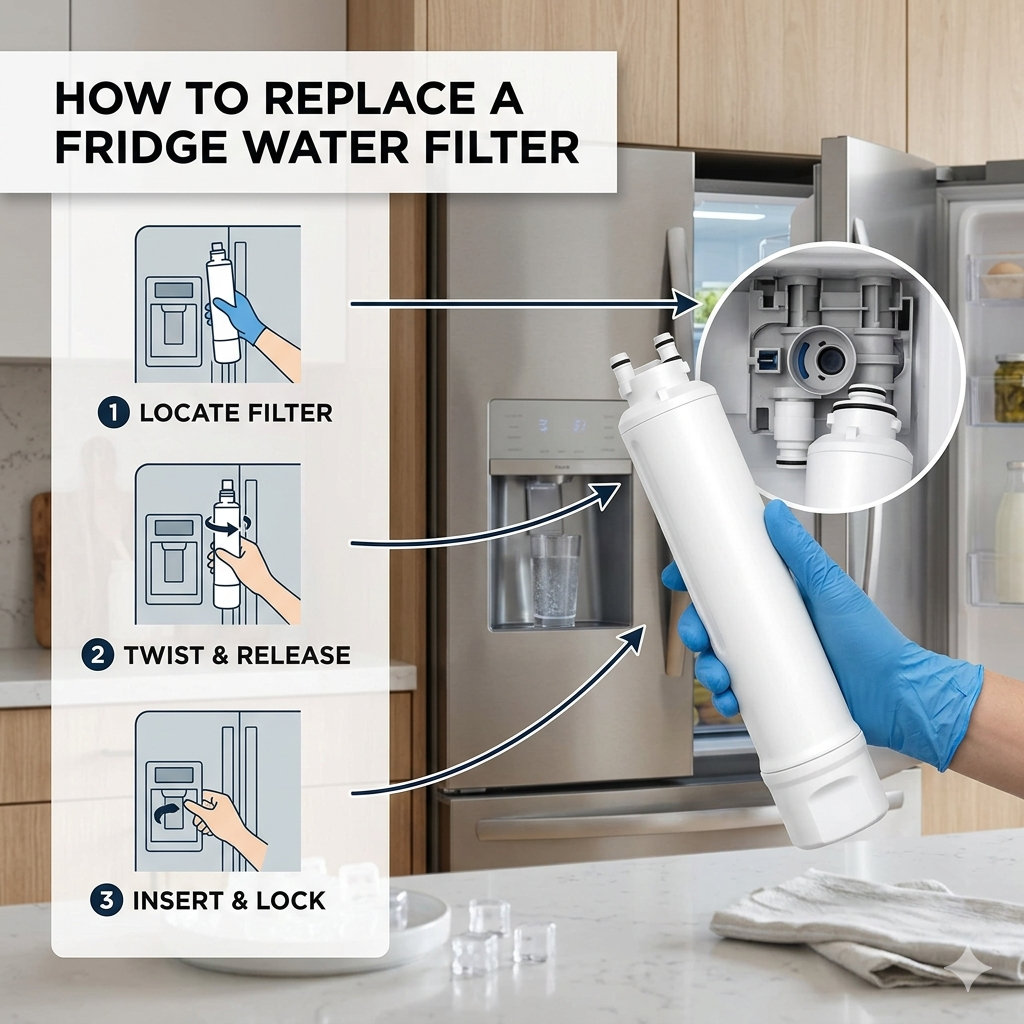 A three-step infographic showing how to locate, release, and install a refrigerator water filter.