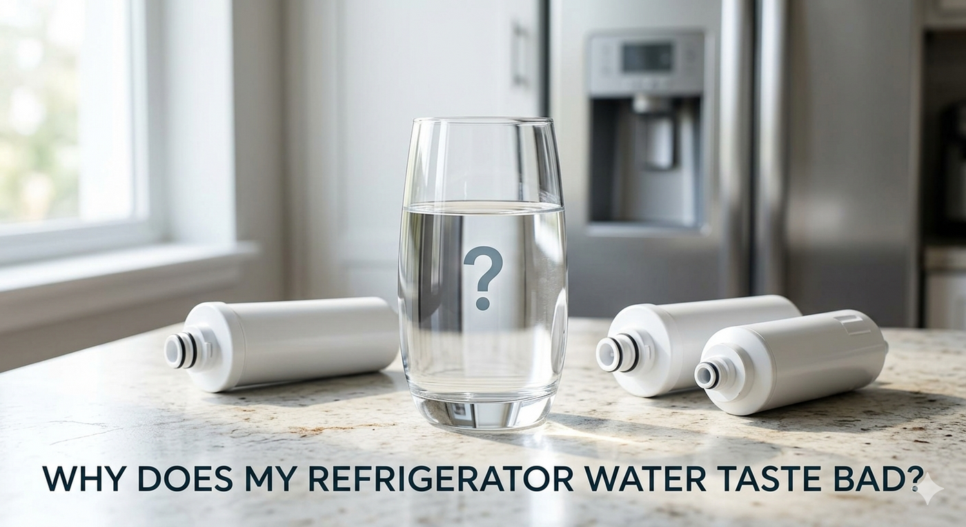 A glass of water with a question mark next to white refrigerator water filters on a granite countertop.