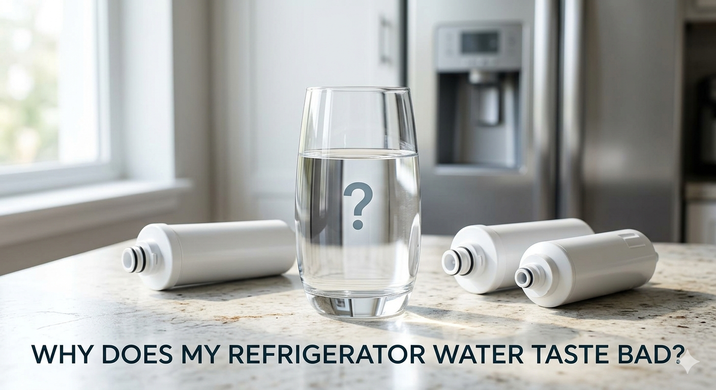 A glass of water with a question mark next to white refrigerator water filters on a granite countertop.