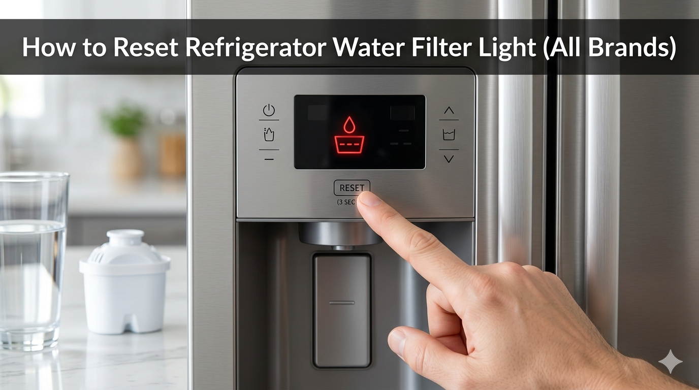 A close-up view of a hand pressing and holding the reset button on a refrigerator's water filter control panel.