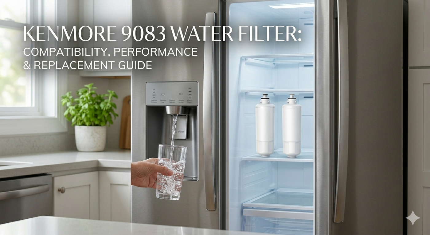 A glass being filled with fresh water next to two Kenmore 9083 replacement filters.