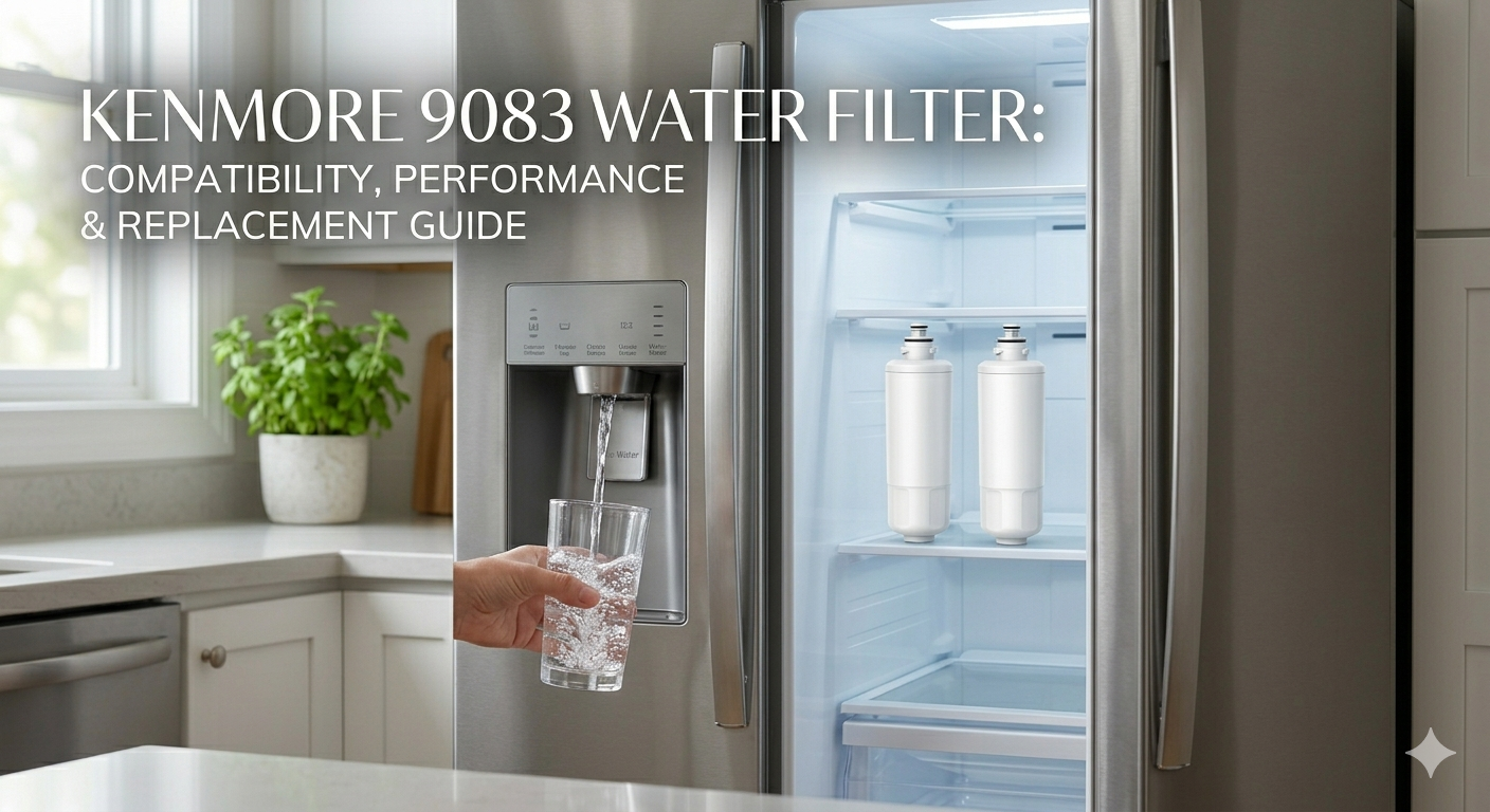 A glass being filled with fresh water next to two Kenmore 9083 replacement filters.