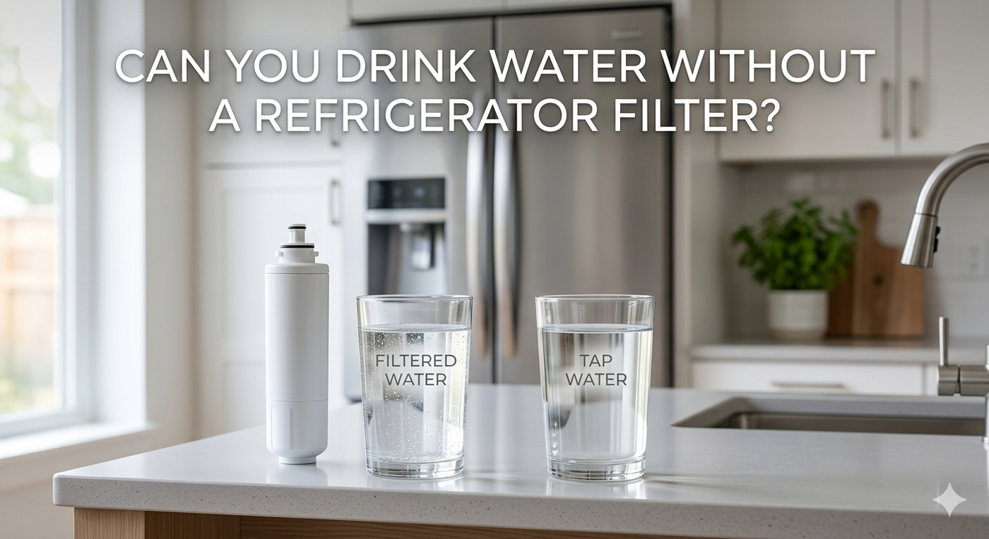 A clean lifestyle photo in a modern kitchen showing a side-by-side comparison of a glass of filtered water next to a new refrigerator filter cartridge, and a glass of tap water near a faucet head. The blog title is prominent in the clean visual.
