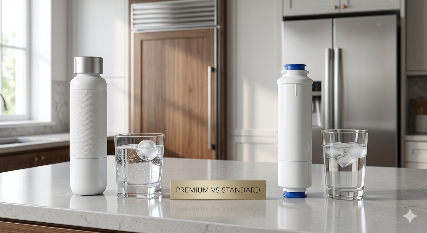 A premium water bottle and a standard filter with two glasses of ice water on a marble counter.