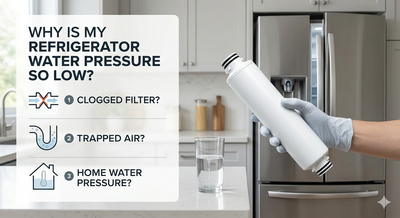 A person holding a refrigerator water filter in a kitchen with a troubleshooting checklist shown.